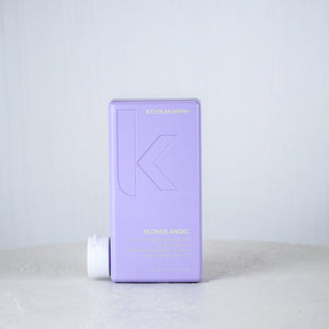 Purple container with a brand logo on a white surface and light gray background