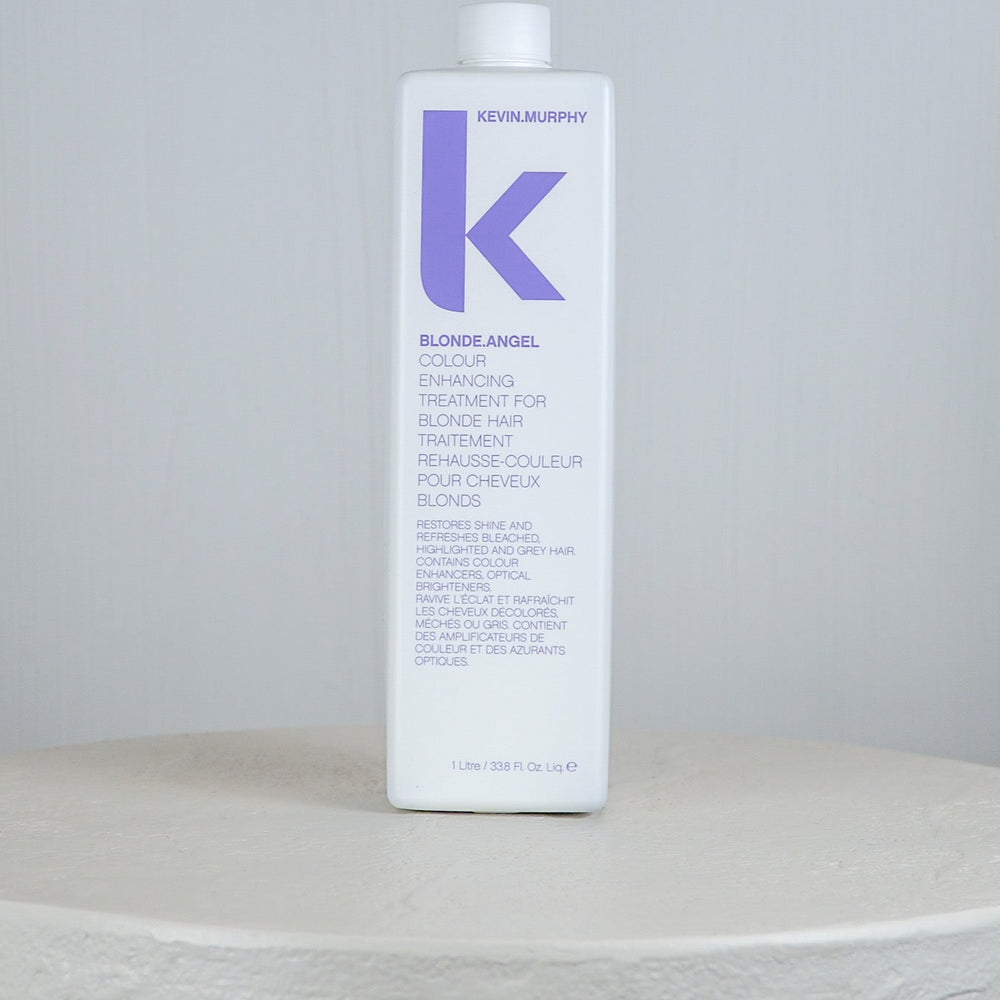 Purple container with a brand logo on a white surface and light gray background