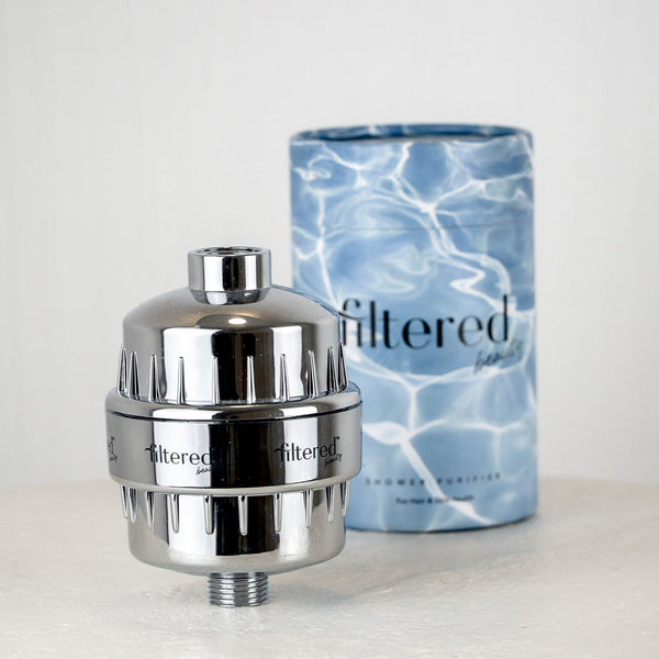 Chrome water filter and blue cylindrical packaging with 'filtered' branding on a light gray background