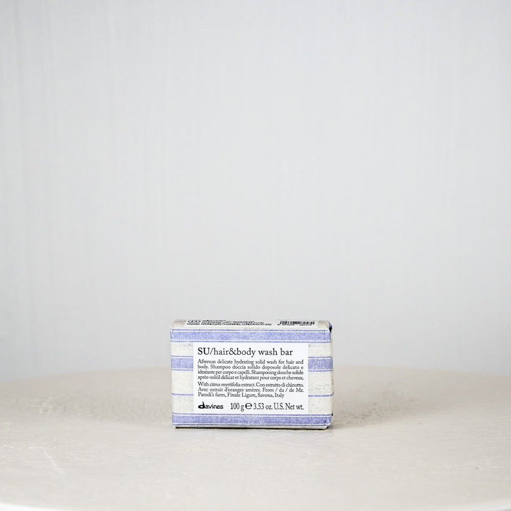 Bar of soap with a blue and white label on a white background