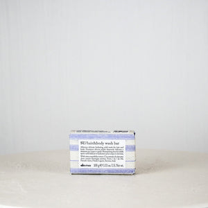 Bar of soap with a blue and white label on a white background