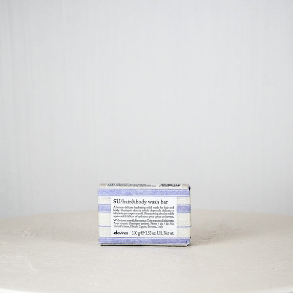 Bar of soap with a blue and white label on a white background