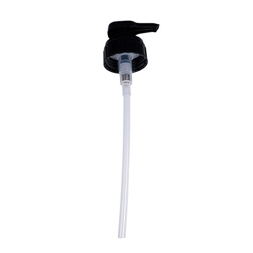 Black pump dispenser with clear tube on a white background